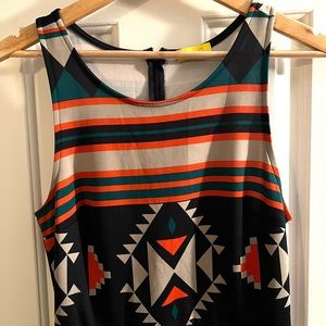 Blue and Orange Dee Elle Skater Dress, Aztec Pattern, Size Large